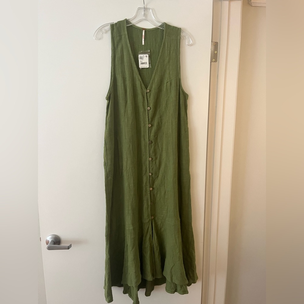 Free People Olive Green Linen Maxi Dress